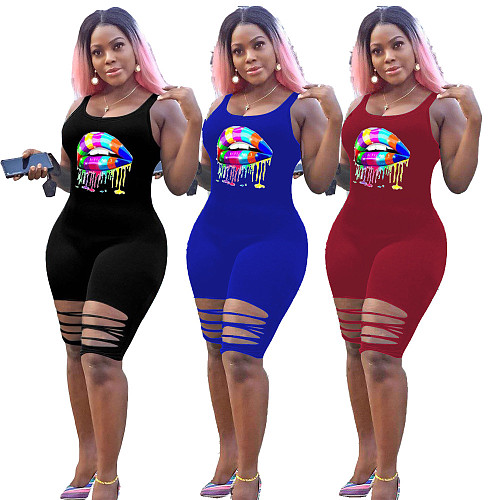 Colorful Lip Prints Sleeveless Burnt Flower Rompers NM-8202