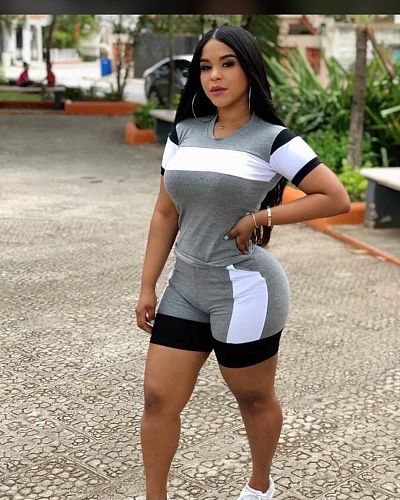 Casual Matching Color Short Sleeve Tight Shorts Two-Piece Set OY-6165