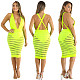 Sexy Deep V Backless Mesh Stripes Strap Midi Club Dress OY-6145