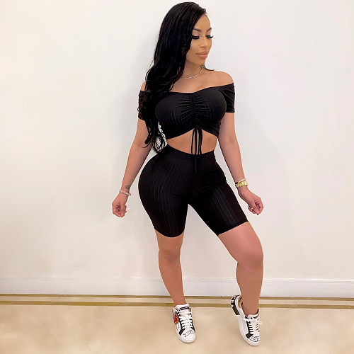 Pit Striped Bare Navel Off Shoulder Two Pieces Short Set ME-523