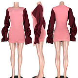 Velvet Pleated Sleeve Splice Drawstring Hem Mini Dress ASL-6200