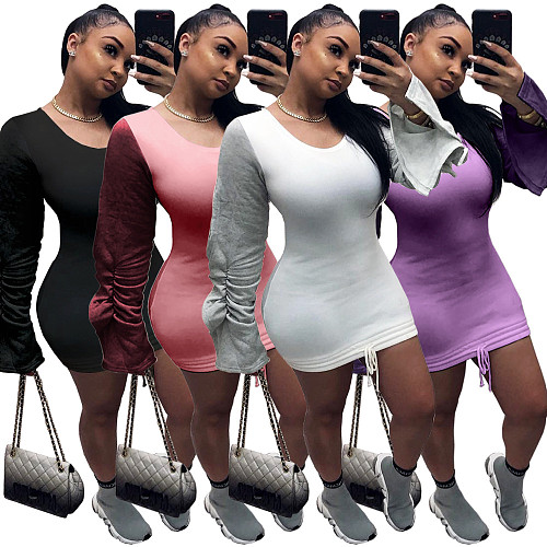 Velvet Pleated Sleeve Splice Drawstring Hem Mini Dress ASL-6200