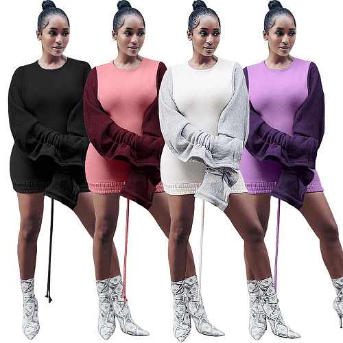 Velvet Pleated Sleeve Splice Drawstring Hem Mini Dress ASL-6200