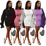 Velvet Pleated Sleeve Splice Drawstring Hem Mini Dress ASL-6200
