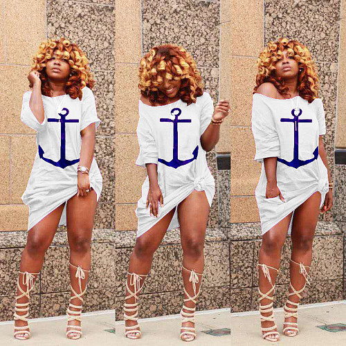 Fashion Printed Loose Irregular Short Sleeve Midi Dress TK-6082