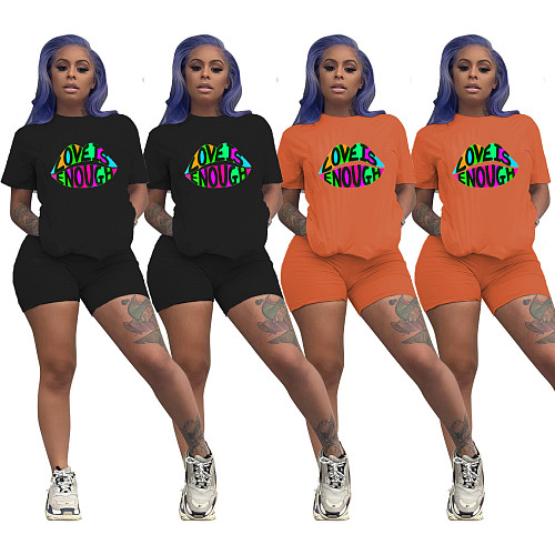 Pure Color Casual Lettered Lip Print Short Sleeve Two-Piece Set SHD-9244