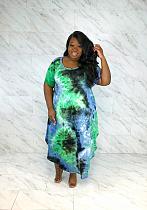 Large Size Irregular Bottom Print Round Neck Short Sleeves Maxi Dress NY-8908
