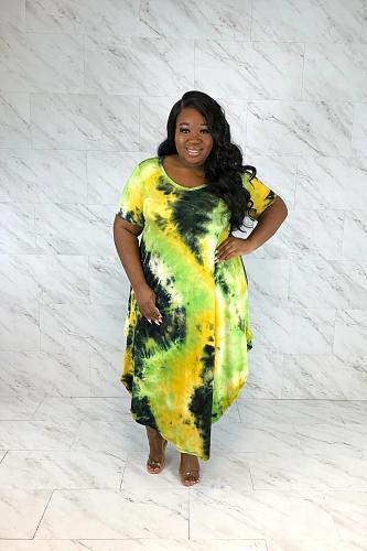 Large Size Irregular Bottom Print Round Neck Short Sleeves Maxi Dress NY-8908