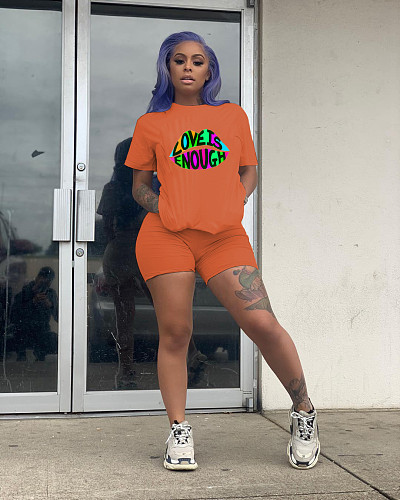 Pure Color Casual Lettered Lip Print Short Sleeve Two-Piece Set SHD-9244