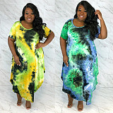 Large Size Irregular Bottom Print Round Neck Short Sleeves Maxi Dress NY-8908