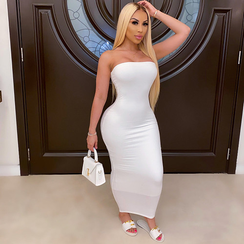 Sexy Solid Color Breast Wrap Sleeveless Maxi Dress AIL-097