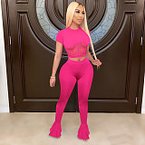 Net Yarn Stitching Short Sleeve Bell-Bottom Trousers Two-Piece Set TE-4026