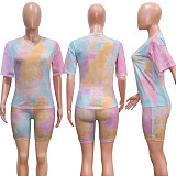 Tie Dye V-neck Leisure Sport 2 Pieces Set without Mask SH-3759