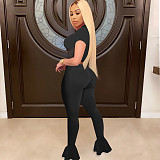 Net Yarn Stitching Short Sleeve Bell-Bottom Trousers Two-Piece Set TE-4026