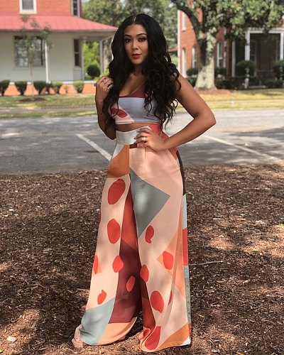Strapless Wrap Bra Printed Wide Leg Pants Set JLY-19050