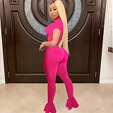 Net Yarn Stitching Short Sleeve Bell-Bottom Trousers Two-Piece Set TE-4026