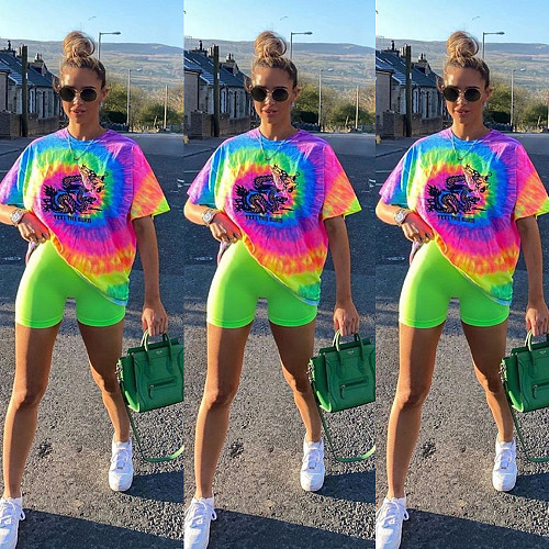 Casual Colorful Print Round Neck Short Sleeve Two-Piece Set BN-9233