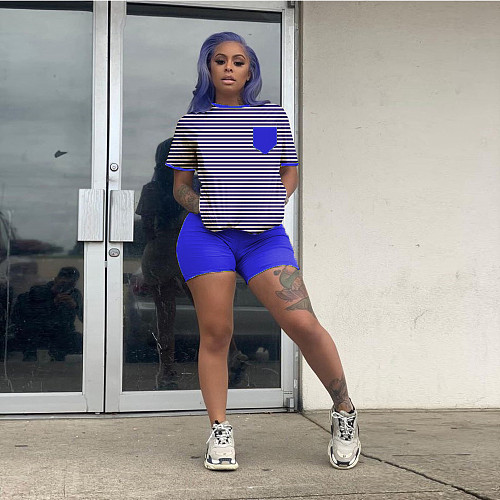 Striped Contrast Stitching Short Sleeves Two-Piece Set HMS-5313