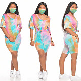 Tie-Dye Printed V-Neck Short Sleeve Two-Piece Suit without Mask OSS-20720