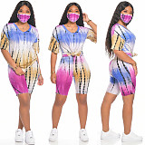 Tie-Dye Printed V-Neck Short Sleeve Two-Piece Suit without Mask OSS-20720