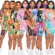 Tie-Dye Printed V-Neck Short Sleeve Two-Piece Suit without Mask OSS-20720