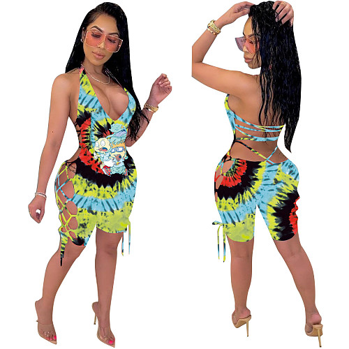 Sexy Tight Tie Dye NightClub Cut Out Bandage Rompers HMS-5308