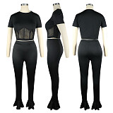 Net Yarn Stitching Short Sleeve Bell-Bottom Trousers Two-Piece Set TE-4026