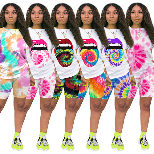 Multicolor Printed Casual Short Sleeves Round Neck Two-Piece TE-4031