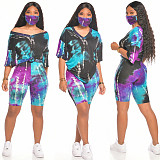 Tie-Dye Printed V-Neck Short Sleeve Two-Piece Suit without Mask OSS-20720