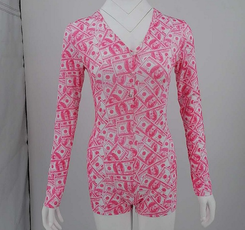 Pink Dollar Printed Long Sleeve V-neck Onesies RS-2035