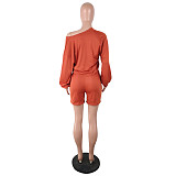 Solid Burn Flowers Long Sleeve Rippen Shorts Set QY-5180