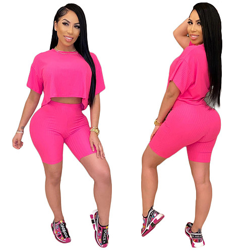 Plain Short Sleeved Crop Top+Tight Shorts Two Pieces XMY-9238
