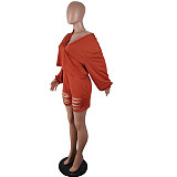 Solid Burn Flowers Long Sleeve Rippen Shorts Set QY-5180