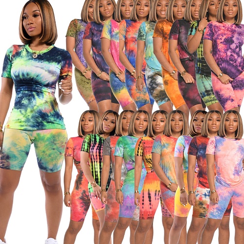 Fashion Tie-dye Round Neck Sporty Shorts 2 Pieces Set XMY-9236