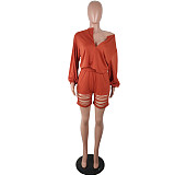 Solid Burn Flowers Long Sleeve Rippen Shorts Set QY-5180