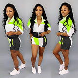 Casual Color Contrast Stitching Middle Sleeve + Shorts Suit SH-3534
