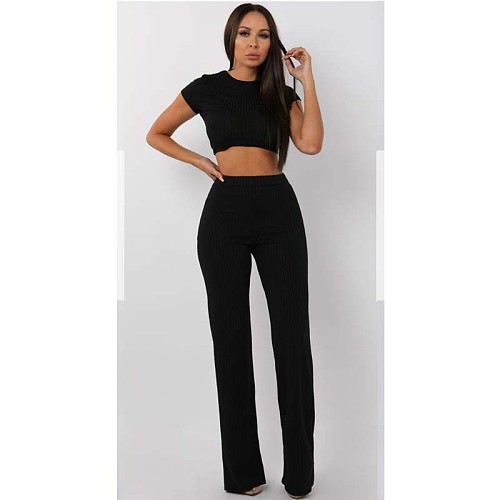 High Elastic Cotton Solid Colour Wide Leg Trousers Two-pieces Set YF-9298
