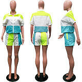 Casual Color Contrast Stitching Middle Sleeve + Shorts Suit SH-3534