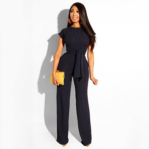 Pure-Colour Short - Sleeved Straight Leg Trousers Two-piece SH-3508