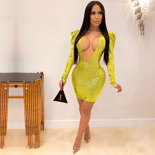Sexy Tight Deep V Solid Sequined Long-Sleeved Dress YD-8157