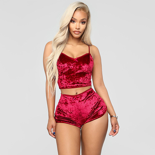 Solid Color Hollow Out Sexy Slim Velvet Lace Two-piece Set SH-3431