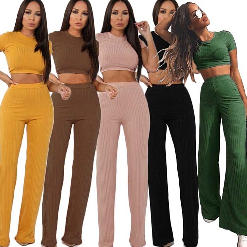 High Elastic Cotton Solid Colour Wide Leg Trousers Two-pieces Set YF-9298