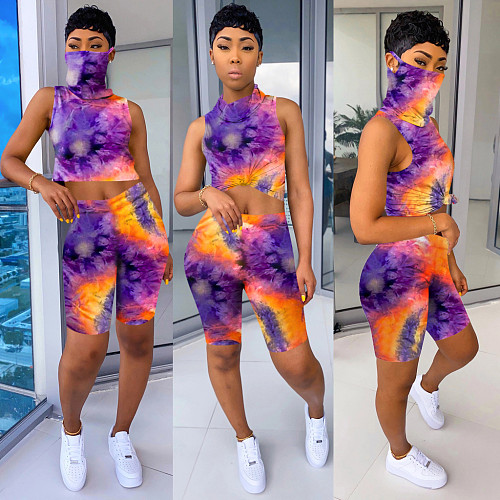 Printed Patchwork Face Mask Sleeveless Shirt + Sports Shorts Two-piece Set SH-3781