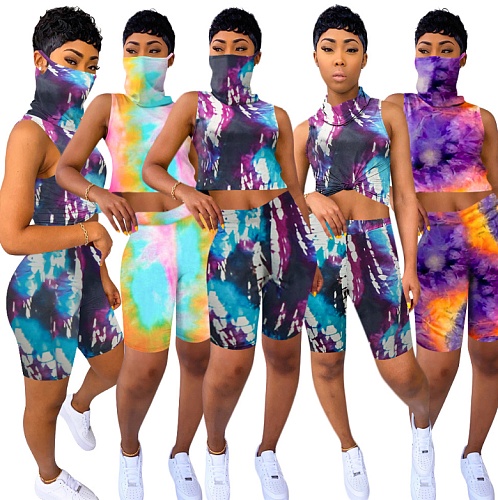 Printed Patchwork Face Mask Sleeveless Shirt + Sports Shorts Two-piece Set SH-3781