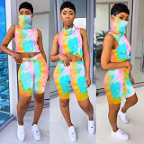 Printed Patchwork Face Mask Sleeveless Shirt + Sports Shorts Two-piece Set SH-3781