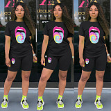 Plain Colour Irregular Print Short Sleeve Casual Two-piece Set LSD-8714