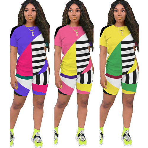 Geometric Stripe Color Contrast Short Sleeve Leisure Two - piece Set ASL-6263