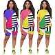 Geometric Stripe Color Contrast Short Sleeve Leisure Two - piece Set ASL-6263