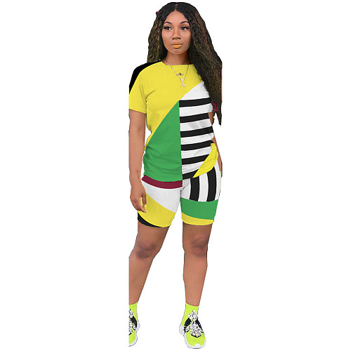 Geometric Stripe Color Contrast Short Sleeve Leisure Two - piece Set ASL-6263