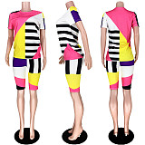 Geometric Stripe Color Contrast Short Sleeve Leisure Two - piece Set ASL-6263